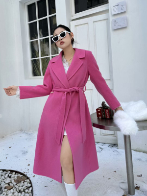 三只小山羊大衣2024年秋冬新款中长款显瘦减龄毛呢子外套玫红色