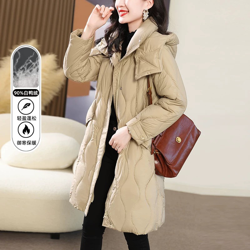 收腰妈妈羽绒服女中长款2024冬季新款时尚连帽中年洋气外套