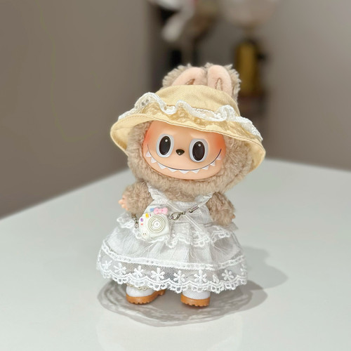 现货17cm拉布布娃衣白色蕾丝公主裙遮阳帽labubu玩偶替换装衣服