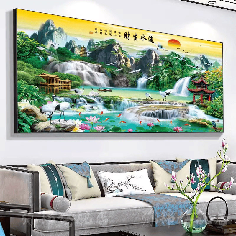 流水生财十字绣2026新款绣客厅高级感风景山水画手工自己绣满绣