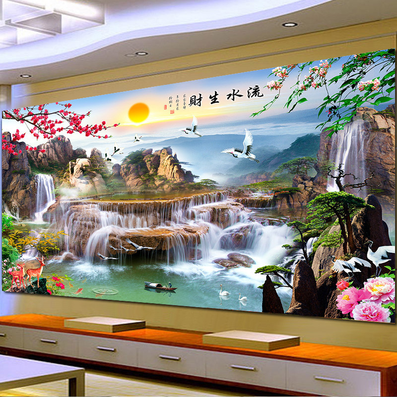 蒙娜丽莎十字绣2026新款线绣客厅大幅简约现代流水生财山水画风