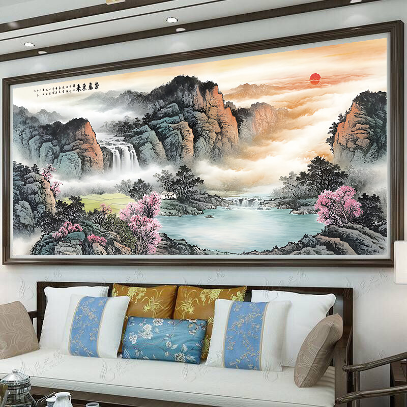 蒙娜丽莎十字绣2026新款线绣紫气东来聚宝盆客厅高级感山水画刺绣