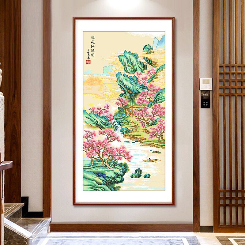 名画桃花仙源图十字绣2026新款线绣竖版客厅卧室玄关走廊风景国画