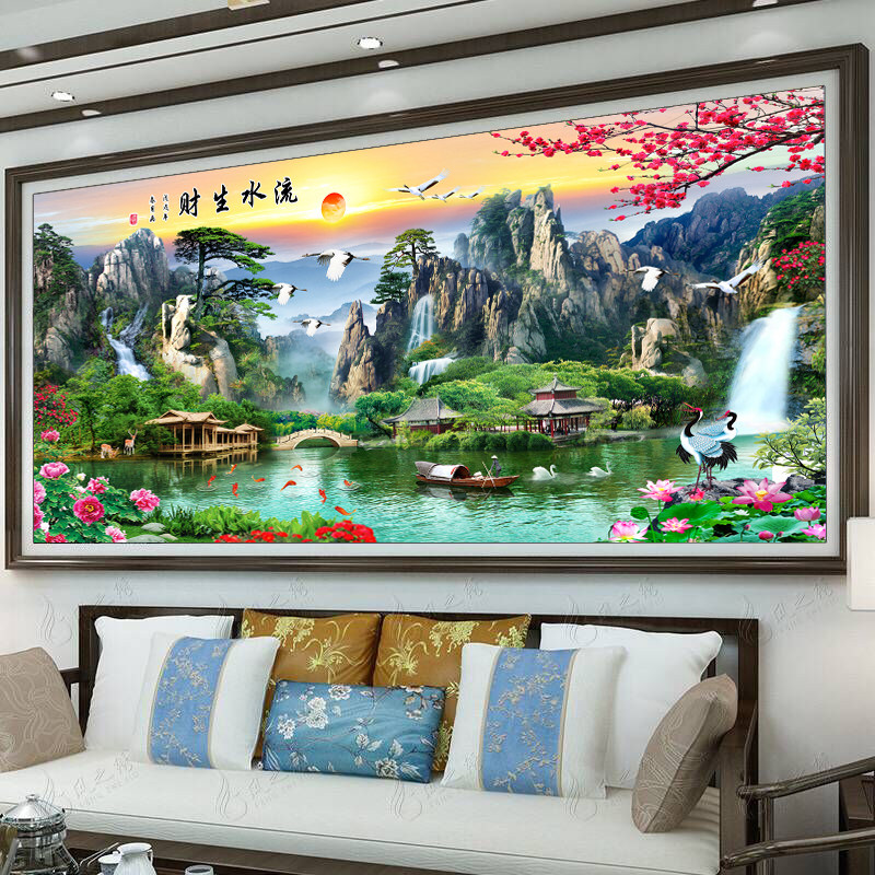 蒙娜丽莎十字绣山水画十字绣2026新款线绣客厅十字绣流水生财风景