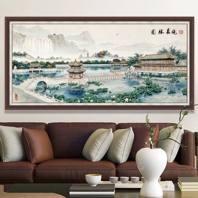 国画园林晨晓图十字绣2026新款线绣客厅大幅风景山水画自己绣手工