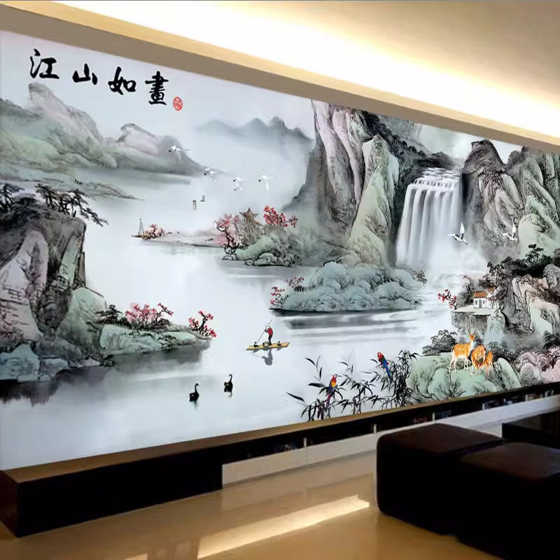 流水生财山水画十字绣线绣2026新款客厅风景自己绣手工家用满绣