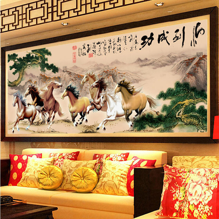 蒙娜丽莎十字绣2026新款线绣客厅山水风景画大幅八骏图马到成功