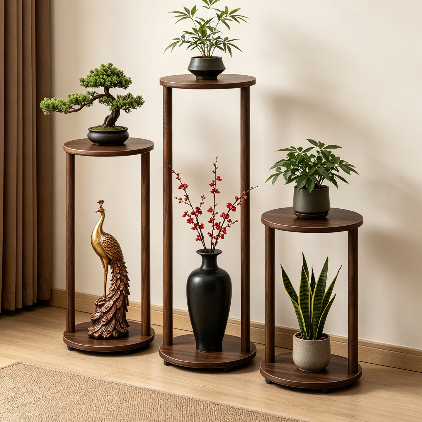 圆形花架客厅落地式家用中古阳台绿植花盆栽托架新中式置物架花几