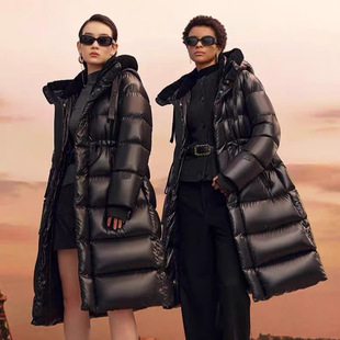 爆款商场加厚鹅绒羽绒服女黑尊八格收腰长款2025冬季新款过膝外套