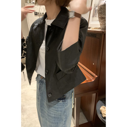2026现货 黑色短款皮衣女春秋新款高级感宽松显瘦pu皮夹克外套