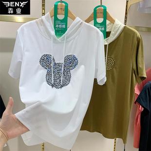 犇业夏季新款连帽短袖女宽松休闲米老鼠T恤烫钻重工上衣潮9705