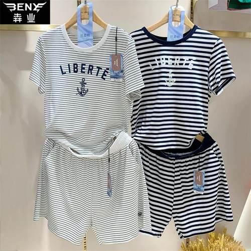 春夏新款条纹套装短袖短裤女