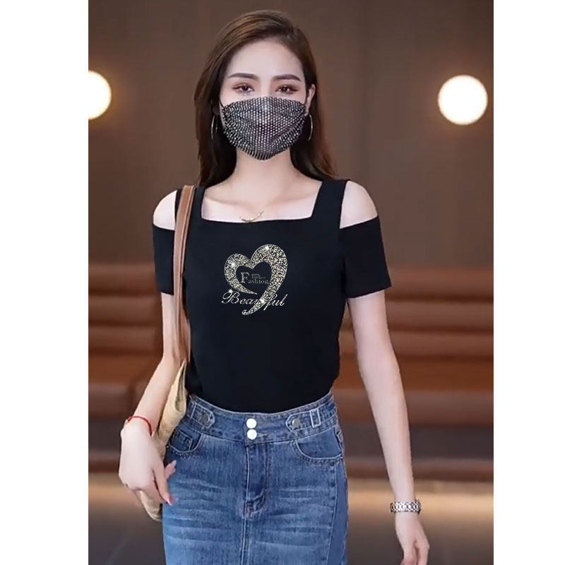 棉质短袖t恤女夏季新款设计时尚露肩吊带一字领重工爱心烫钻上衣