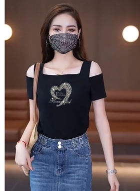 棉质短袖t恤女夏季新款设计时尚露肩吊带一字领重工爱心烫钻上衣