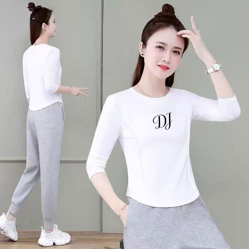 韩版字母印花长袖T恤女修身显瘦