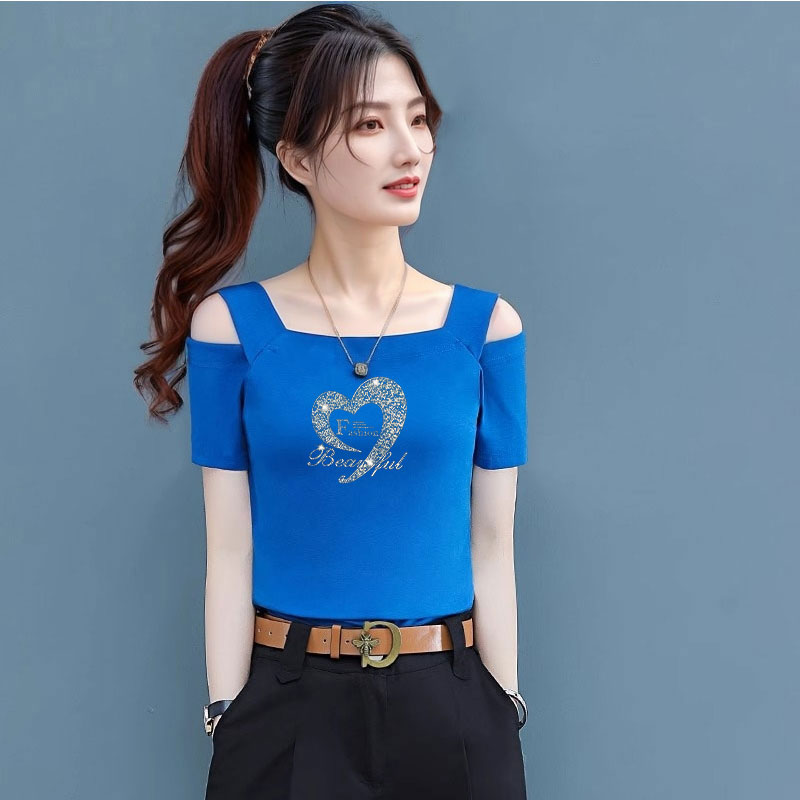 夏季新款设计感重工烫钻时尚百搭韩版露肩短袖t恤女休闲减龄上衣
