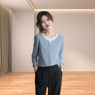 拼接长袖t恤女秋冬季新款休闲圆领撞色波浪肌理减龄假两件上衣服