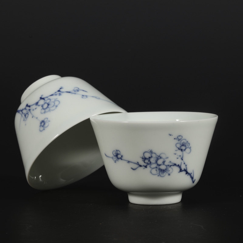 晓芳窑 手绘青花 梅花杯 沁泉杯 对杯 原盒实物 茶具 主人杯 60ml