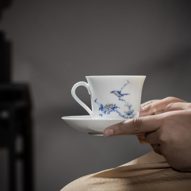晓芳窑咖啡杯 青花釉里红花鸟纹 一杯一托大号咖啡杯组120ml
