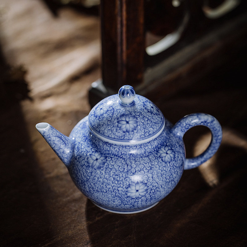 景德 知竹山房 李小山 手绘青花 豆芽纹饰水平壶 小号全手工茶壶