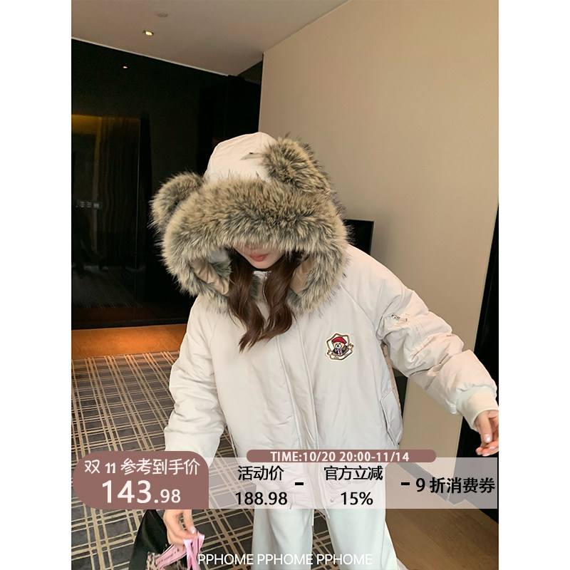 日本offcat自制~过冬神器内里加绒可爱小熊毛领连帽棉服冬巨保暖
