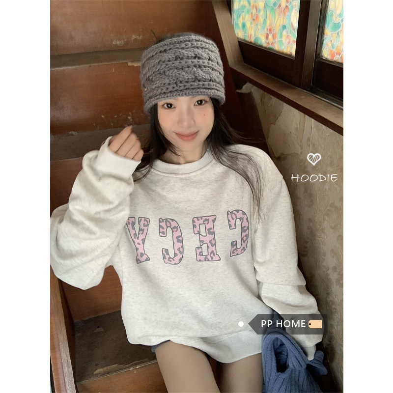 日本offcat美式复古灰色无帽加绒卫衣女秋冬豹纹字母印花加厚长袖