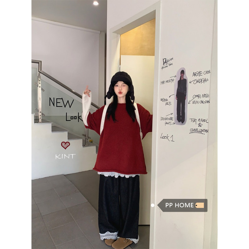 日本offcat现 韩系宽松丝绒拼接花边打底上衣+加绒蕾丝花边牛仔裤