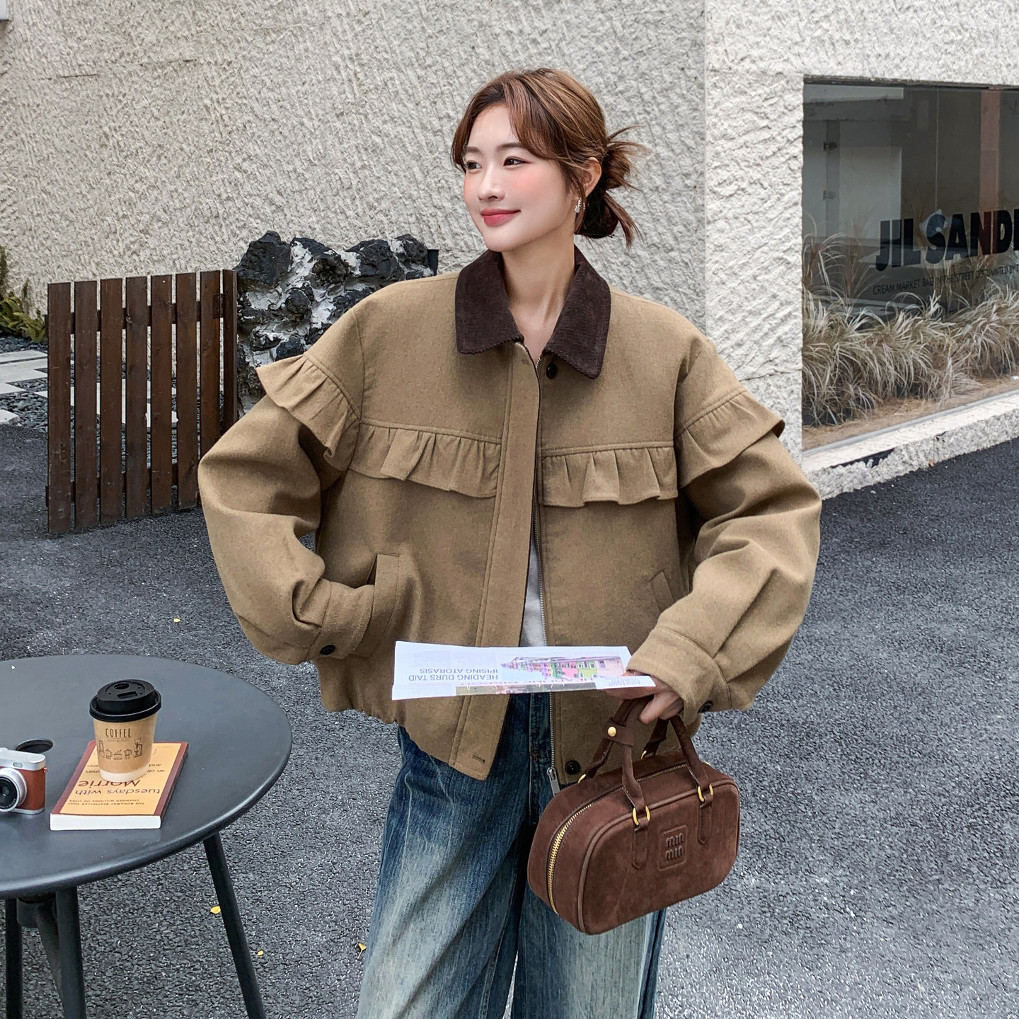 日本offcat设计感花边毛呢羽绒服女冬季新款小个子短款卡其色工装