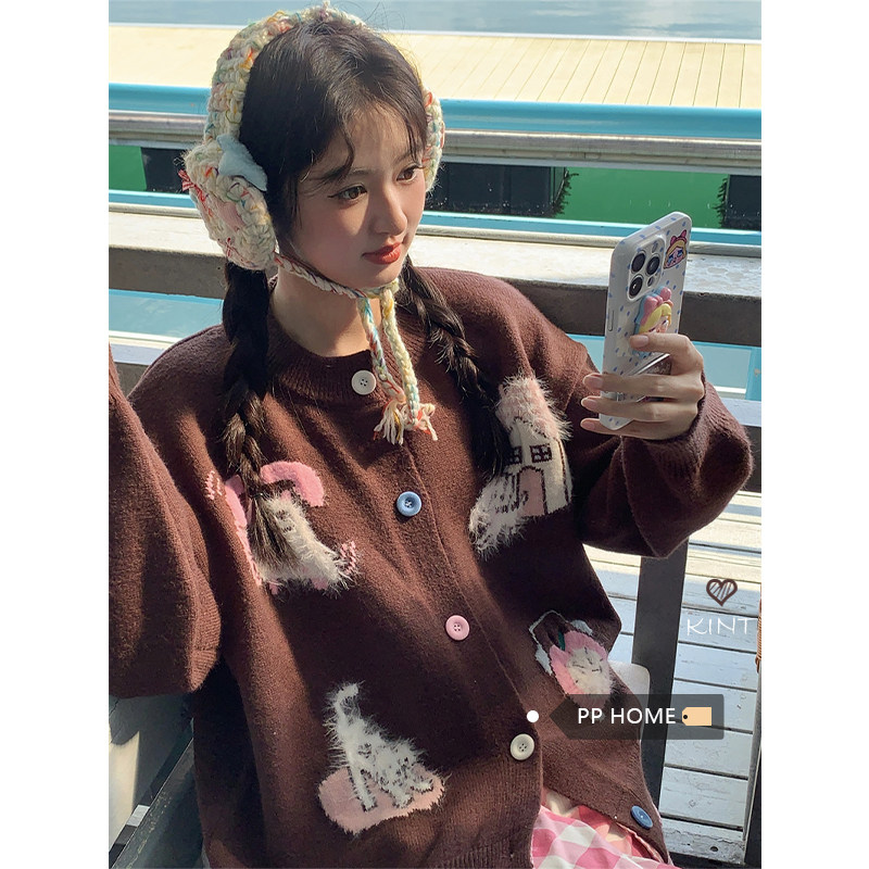 日本offcat卡通趣味提花咖色毛衣针织开衫女秋冬甜美宽松加厚休闲