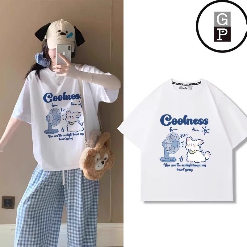 日本GP新款白色短袖t恤女夏款新款纯棉正肩宽松圆领小众休闲上衣