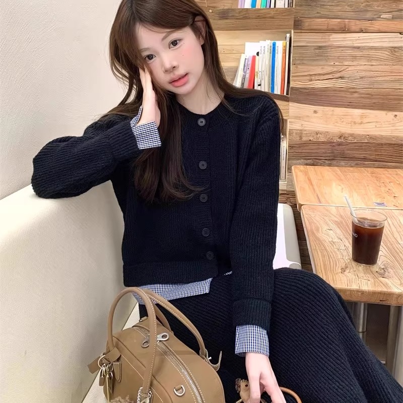 日本OFFCAT假两件格纹拼接针织开衫衣女秋毛衣套装黑色高腰半身裙