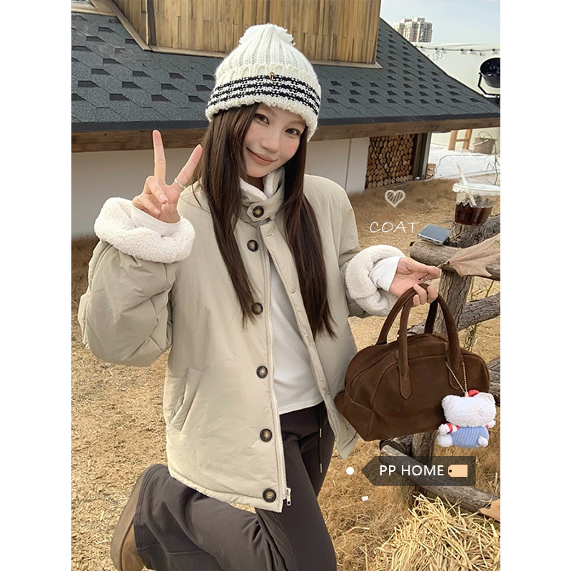 日本offcat加厚立领羊羔毛棉服外套女冬季韩系小个子宽松保暖短款