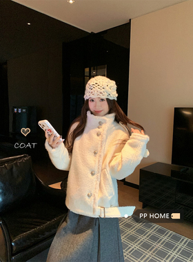 PPHOME 秋冬毛条拼接设计感立领毛呢外套韩系通勤宽松短款夹克