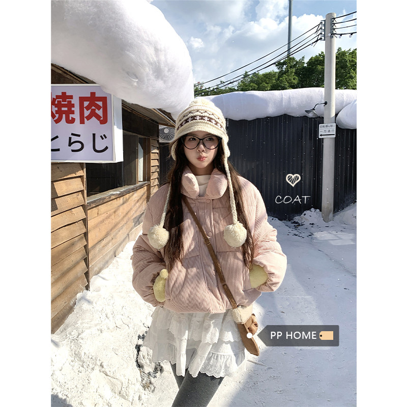 日本offcat甜美粉色灯芯绒加厚短款棉服女冬季立领保暖夹棉外套小