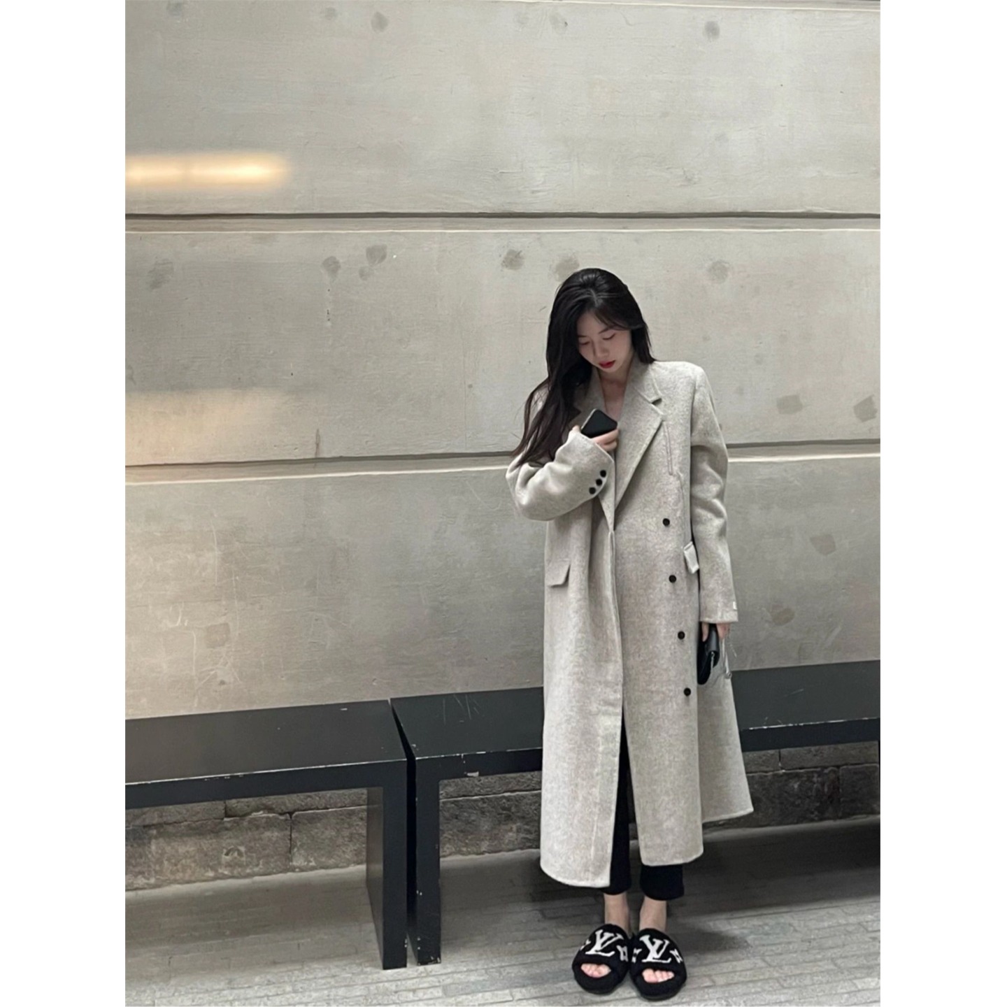 日本offcat法式赫本风长款呢子大衣设计感外套