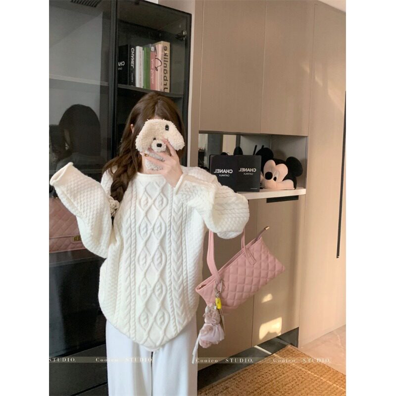 日本offcat 慵懒风圆领长袖麻花毛衣冬季设计感卷边软糯宽松针织