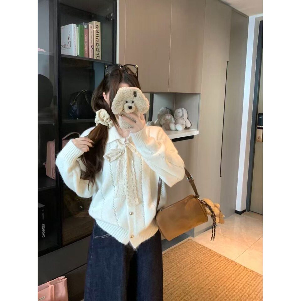日本offcat软糯蝴蝶结系带毛衣针织开衫女秋冬温柔风宽松百搭气质