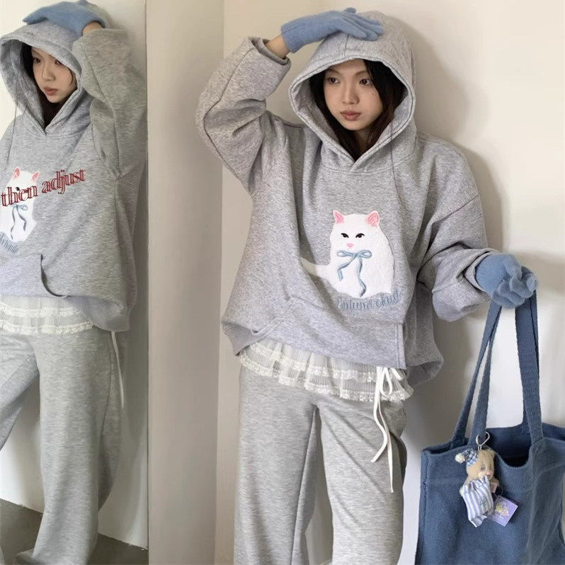 日本OFFCAT蝴蝶结猫咪毛巾绣加绒连帽卫衣女秋季韩系灰色宽松上衣