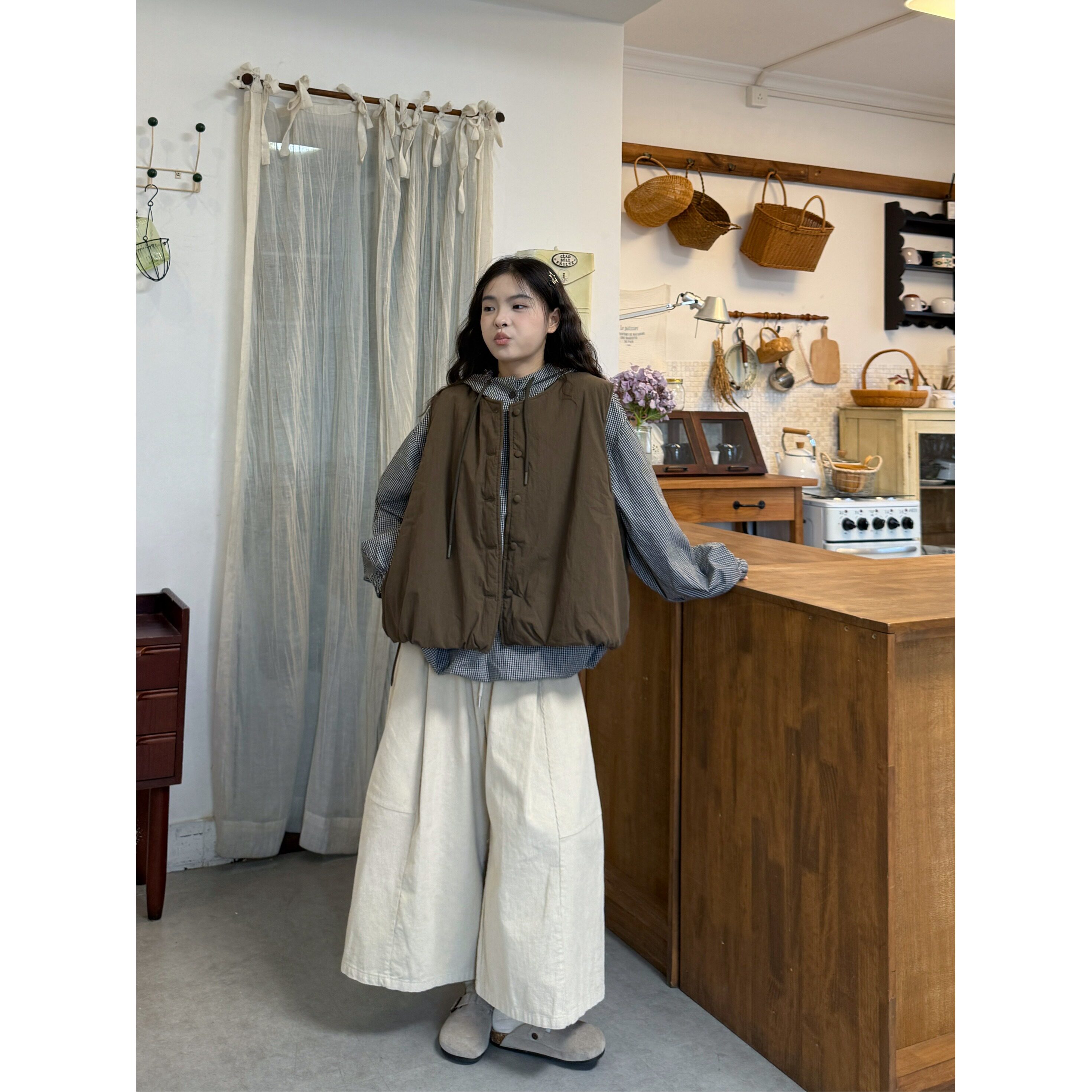 日本OFFCAT秋冬季宽松格子连帽卫衣+日系百搭夹棉马甲+灯芯绒裤子