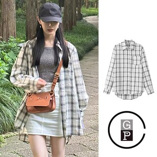 日本GP宋轶明星同款格子长袖衬衫女夏季宽松显瘦防晒遮阳衫衬上衣