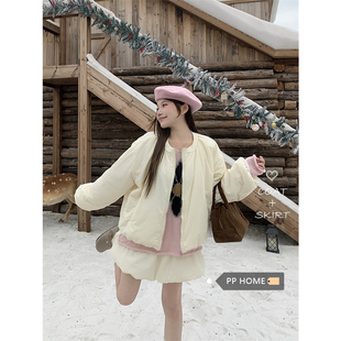 日本offcat韩系保暖夹棉棉服外套女冬季圆领短款棉衣花苞半身裙两