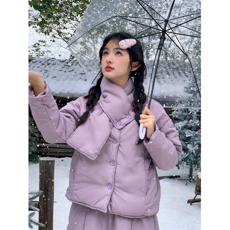 日本offcat韩系甜美减龄百搭短款棉衣外套送围脖女秋冬棉服套装半