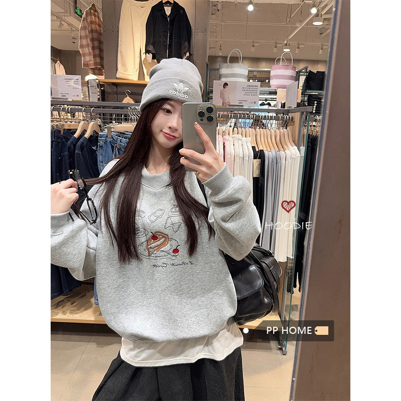日本offcat美式卡通刺绣加厚灰色无帽卫衣女秋冬宽松圆领套头长袖