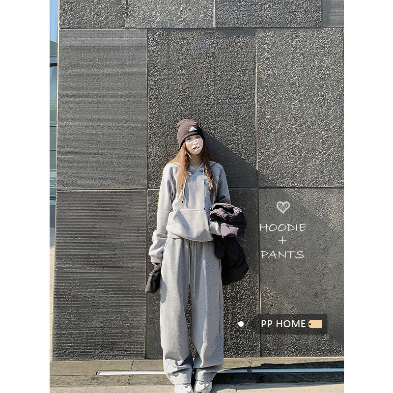 日本offcat高级感灰色连帽加绒卫衣外套女秋冬松紧腰直筒休闲裤两