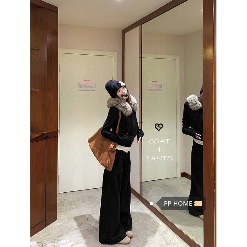 日本offcat黑色修身卫衣套装女秋冬小个子短款连帽卫衣外套加绒休