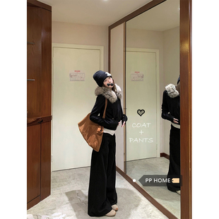 日本offcat黑色修身卫衣套装女秋冬小个子短款连帽卫衣外套加绒休