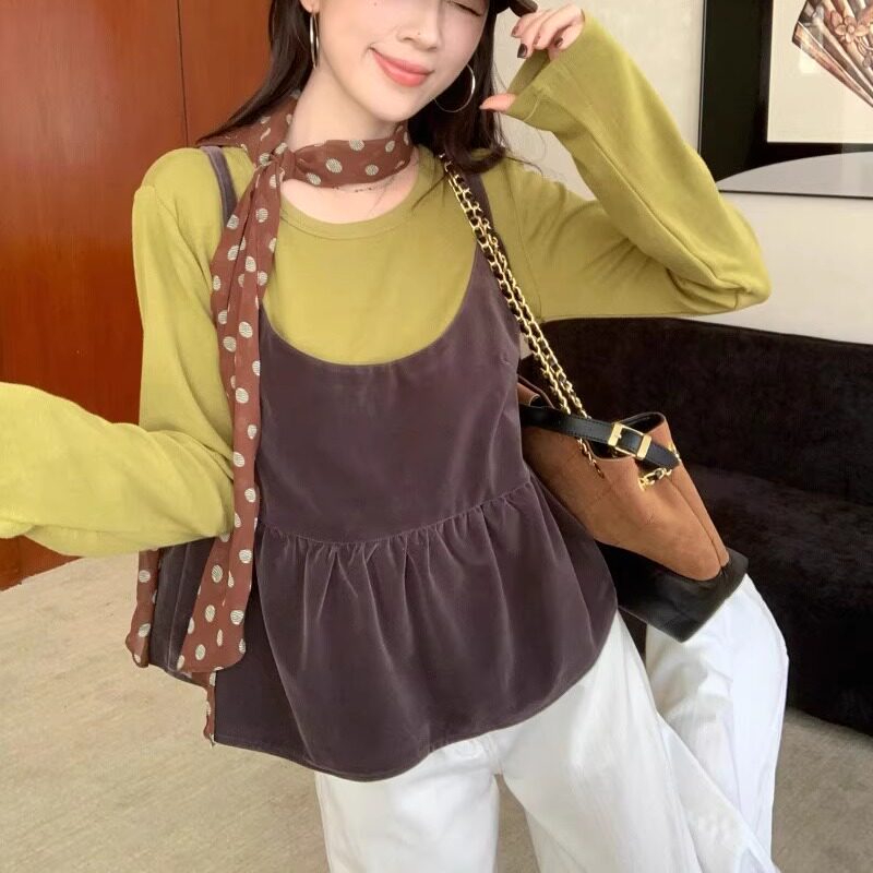 日本OFFCAT咖色丝绒吊带背心秋甜美修身圆领长袖T叠穿上衣两件套