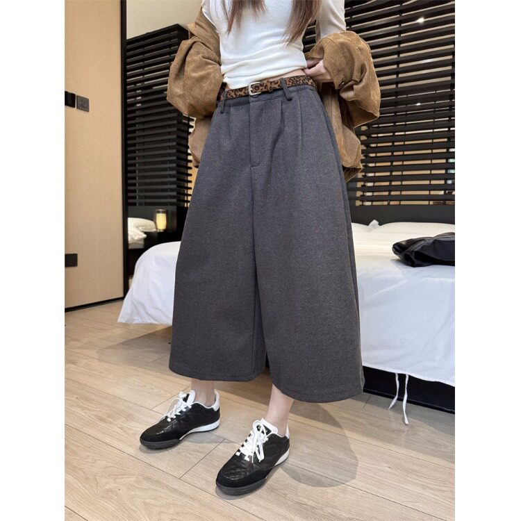 日本offcat灰色八分毛呢西装裤女秋季高腰显瘦百搭阔腿休闲裤直筒