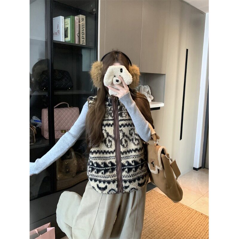 日本offcat 复古费尔岛羊羔毛马甲外套 女立领百搭显瘦马夹