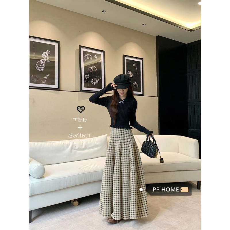 日本offcat短款修身蝴蝶结黑色毛衣女秋冬高腰格子毛呢半身裙两件